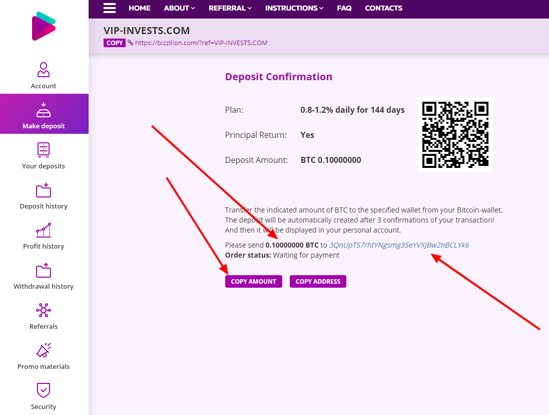 Создаем депозит в bizzlion