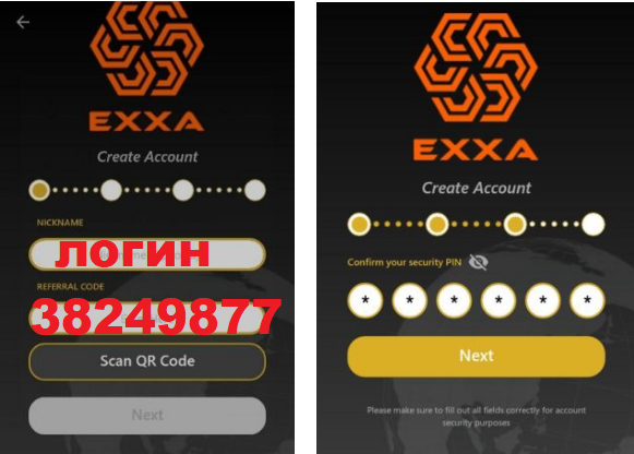Логин и код регистрации exxa